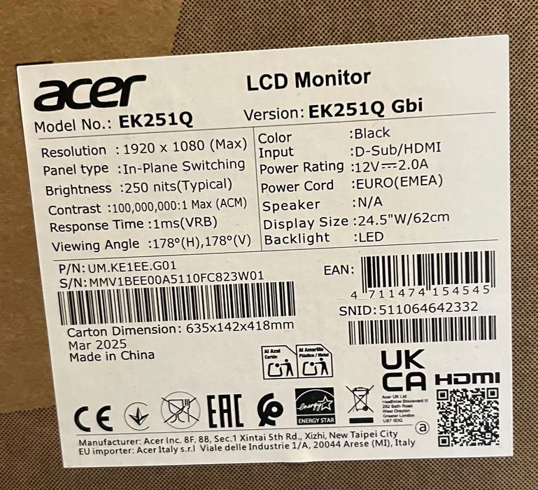 Монитор Acer EK251QGbi с гарантией