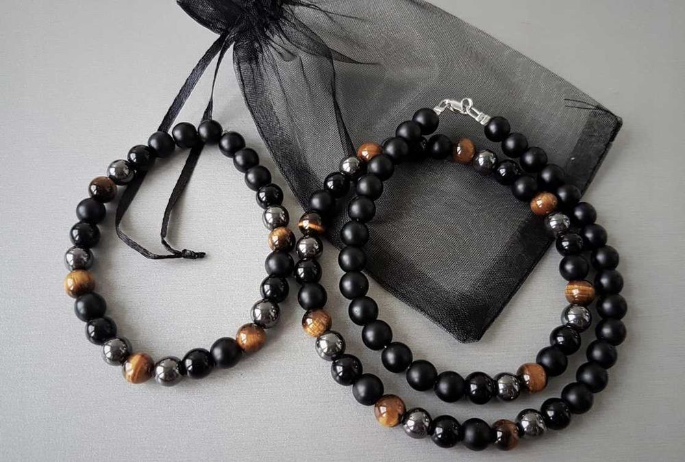 MĘSKI NASZYJNIK  I BRANSOLETKA komplet onyks tygrysie oko hematyt hit