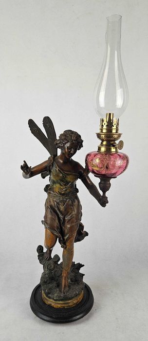 Piękna secesyjna  figuralna lampa naftowa Ernst Rancoulet - Francja