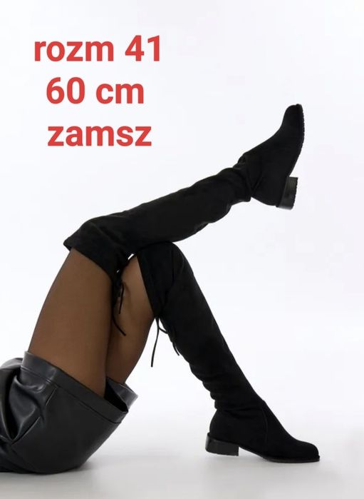 kozaki za kolano na średnim słupku zamszowe czarne muszkieterki 40 41