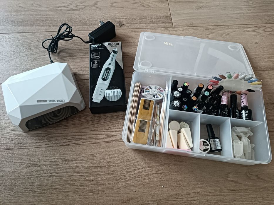 Zestaw do manicure hybrydowego + lampa LED UV + frezarka