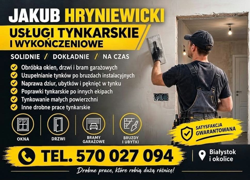 Drobne prace tynkarskie | Naprawy, uzupełnienia, obróbki Białystok i okolice