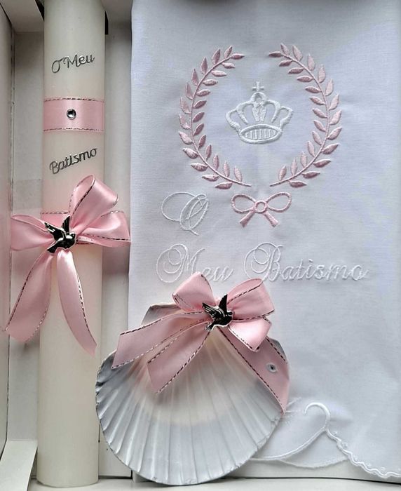 conjunto para batismo / batizado: vela, concha, toalha