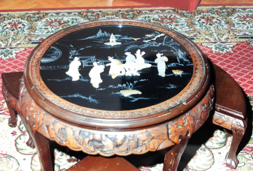 Conjunto Mesa de Centro Redonda Chinesa Vintage + 4 Mesinhas Auxiliares - Madrepérola e Vidro