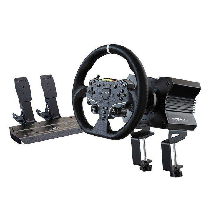 Conjunto Moza Racing R5 Bundle Base Volante R5 + Volante ES + Pedais SR-P + Suporte de Mesa R5