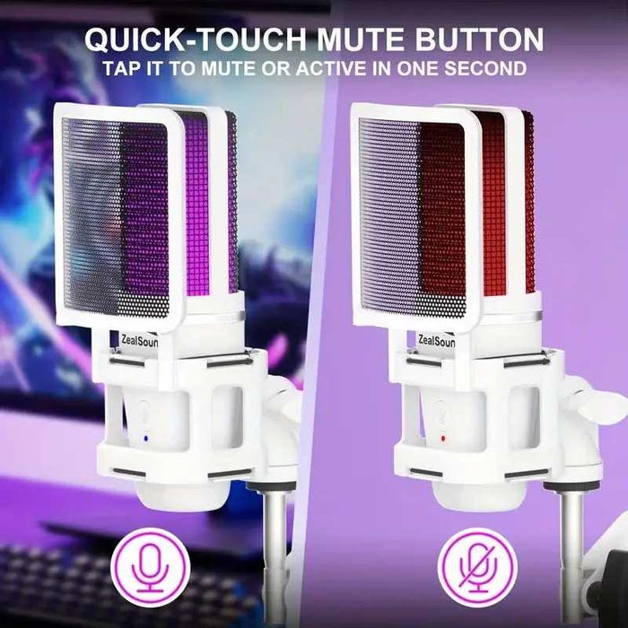 Геймінговий мікрофон ZealSound RGB з кронштейном для стрімів (кардіоїда, USB, моніторинг)