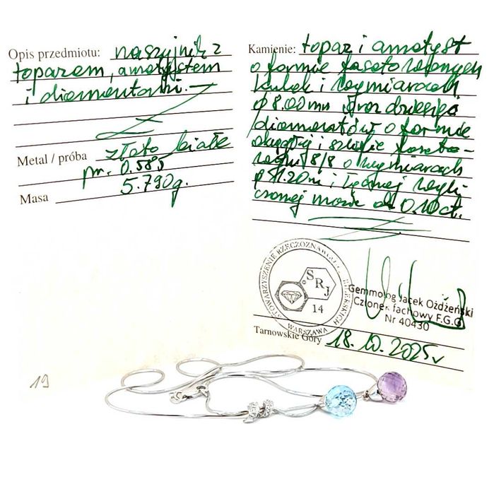 Łańcuszek z białego złota z topazem ametystem i diamentami