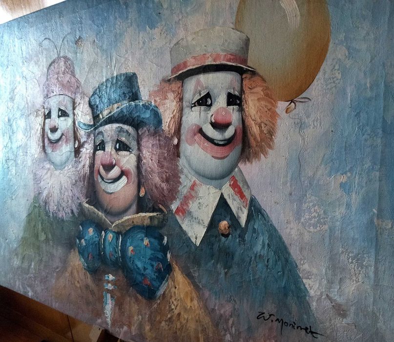 Pintura a óleo sobre tela vintage de William Moninet - Palhaços