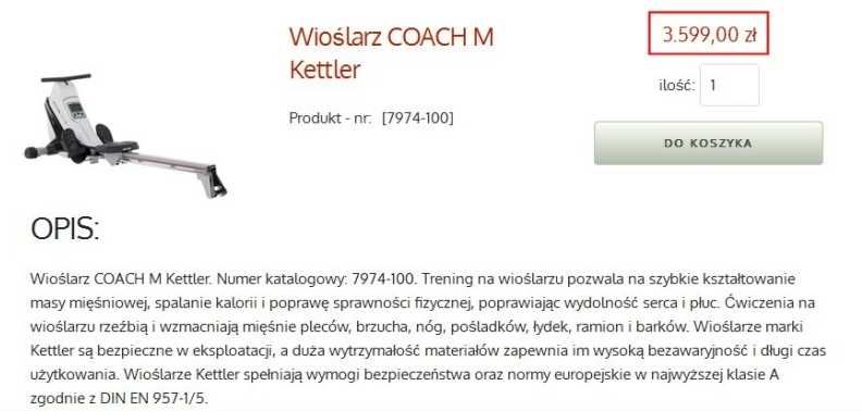 Wioślarz KETTLER COACH M + pas EKG + ŁAWECZKA ! Sklep 3600 zł !