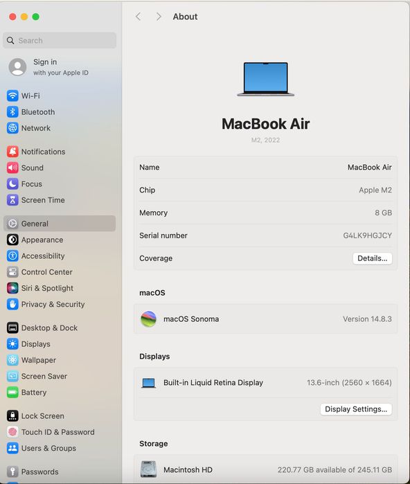 MacBook AIR 13 M2/8 CPU/ 8 GPU/ 8 ram/ 256 Space Gray MLXW3