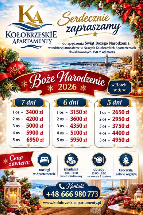 Boże Narodzenie, Kołobrzeg blisko morza, Wigilia z wyżywieniem HB i kolacją Wigilijną w Hotelu ***