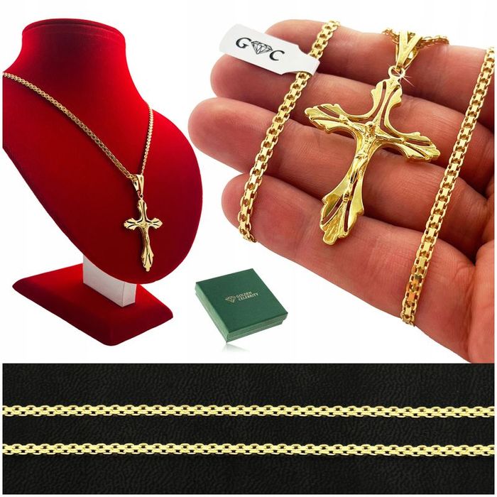 Złoty, Pozłacany Łańcuszek, Naszyjnik Męski Splot Bismark 70 cm + Krzy