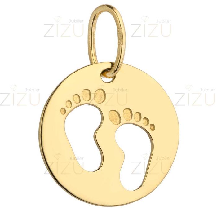 Złota zawieszka kółeczko z symbolem stópek dziecka