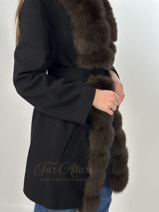 Жіноче чорне кашемірове пальто Мрія з хутром песця 90см,   42-56 рр