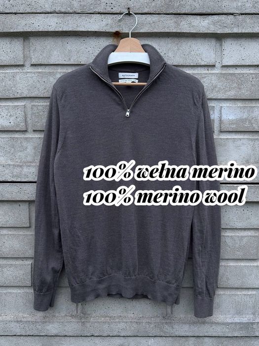 Szary wełniany sweter z rozpinanym golfem Marks & Spencer Wool Halfzip 100% wełna merino rozmiar L