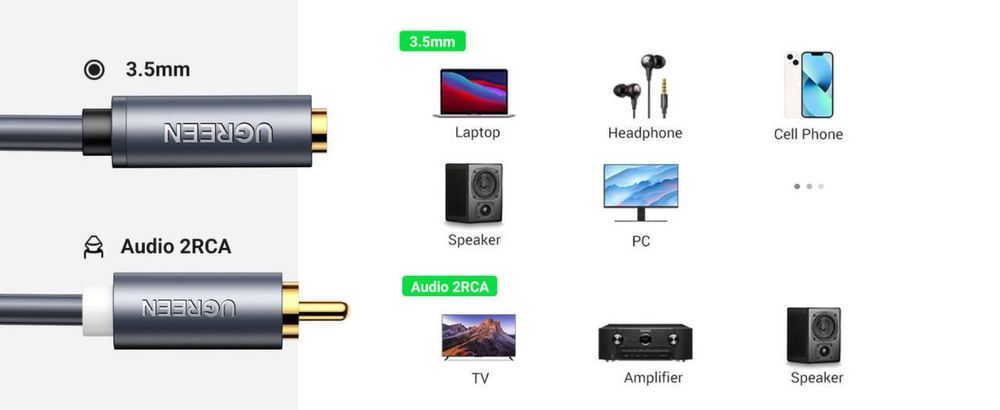 Аудіо кабель Ugreen 1 m 3.5mm aux на 2RCA тюльпани позолочені контакти