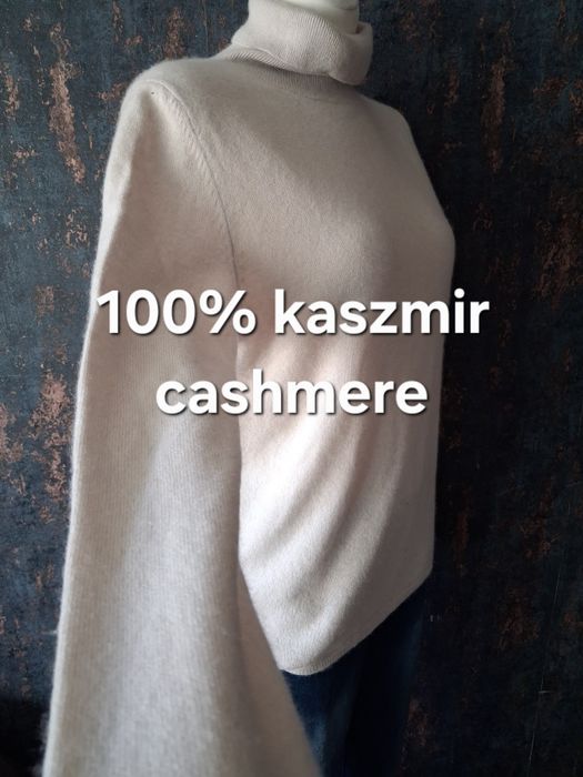 Ciepły jasny kremowy golf 100% kaszmir rozmiar L