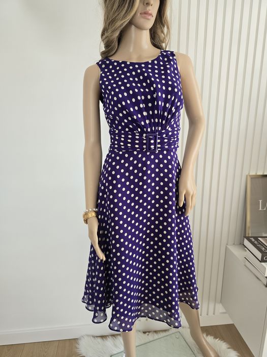 Sukienka midi grochy retro 40 L wiskoza acetat marszczona klamra