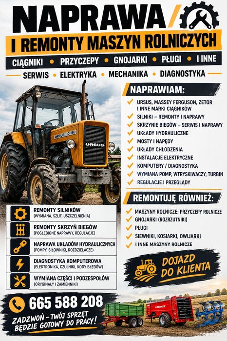 Naprawa i remonty ciągników oraz maszyn rolniczych – mechanika, elektryka