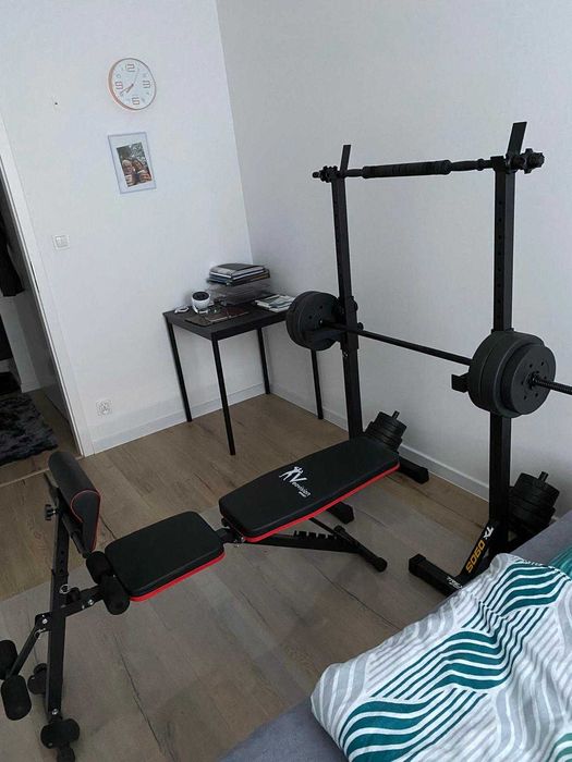 Zestaw do ćwiczeń: ławeczka, gryf, hantle + łącznik, 2 stojaki / kpl.