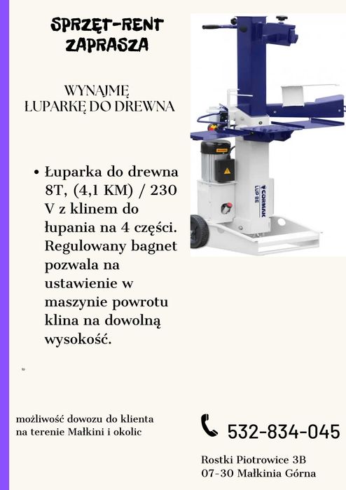 Wynajmę łuparkę do drewna opałowego i inne sprzety, wypożyczalnia Małkinia Górna