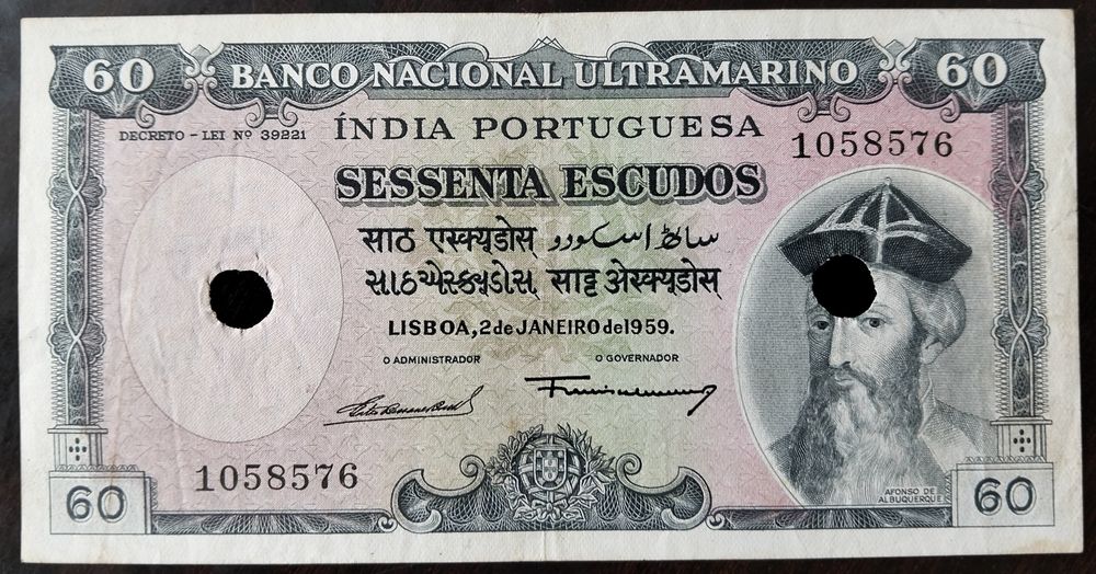 Nota 60$ 1959 Índia Portuguesa Excelente Estado Rara