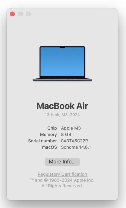 MacBook Air 13, M3, 2024, 256 GB, Como Novo, com factura