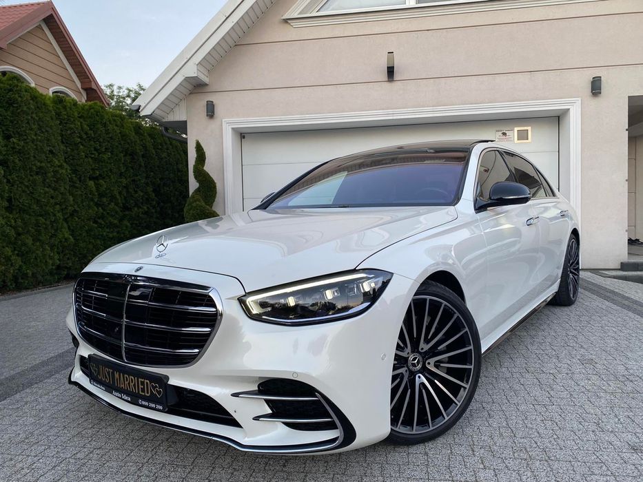 Biały Mercedes klasy S W223 V8 long do ślubu wesela, opcja prowadzenia