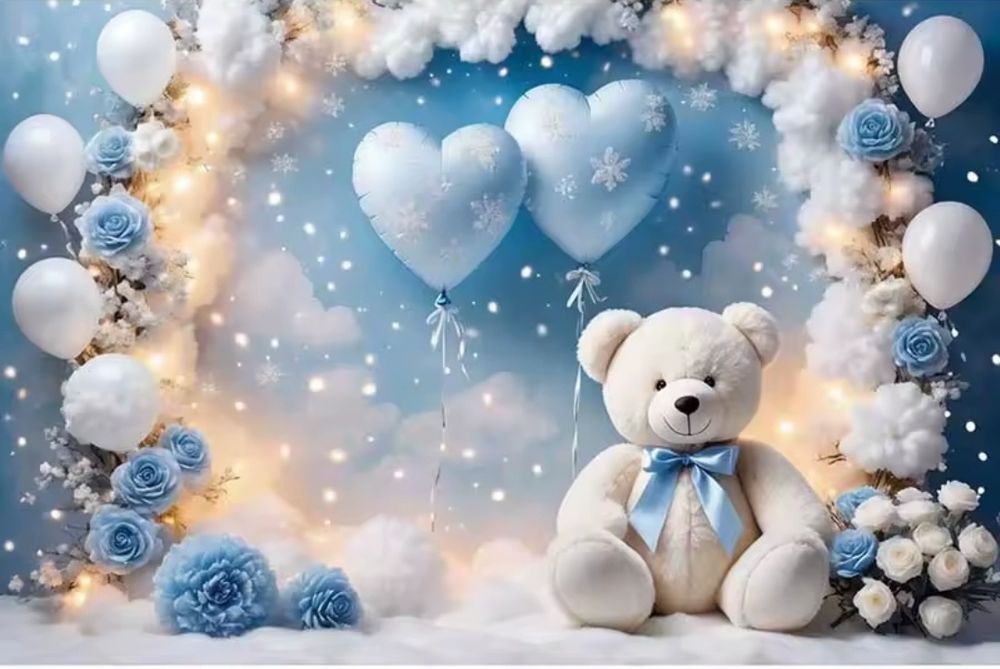 180x120 tło fotograficzne urodzinowe chłopięce chłopiec miś niebieskie