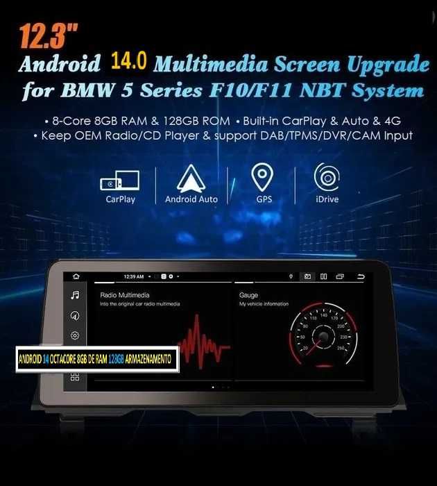 Auto-rádio 12.3" android 14 para BMW F10 F11 Serie 5 2010 a 2016