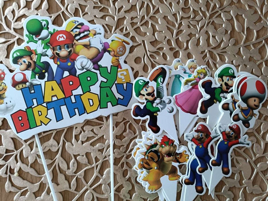 Topper tort urodzinowy Super Mario toppery babeczki muffinki