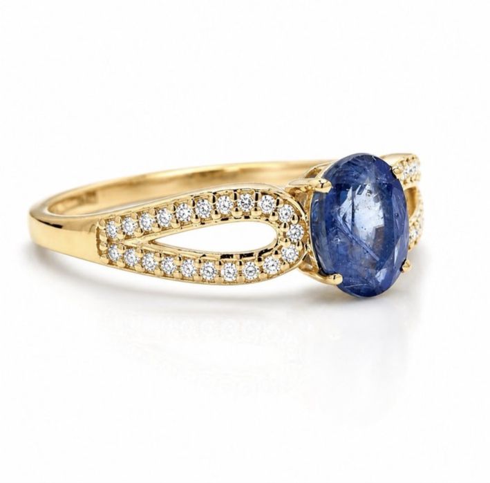 Anel de ouro 14k com 42 diamantes naturais e safira natural