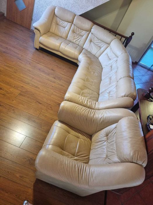 Narożnik + fotel, Sofa, Prawdziwa skóra, ecrue, stan bardzo dobry