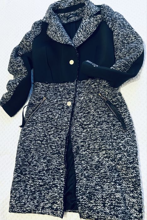 Plaszcz Elisabetta Franchi bukla cieply szaro czarny cudo