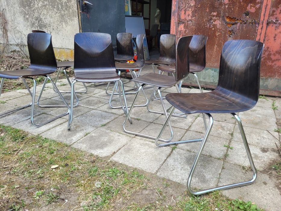 WYPRZEDAŻ LIKWIDACJA Designerskie sygnowane krzesła vintage retro gięta sklejka ciemny brąz heban palisander chromowane komplet 4 6 10 ala flototto