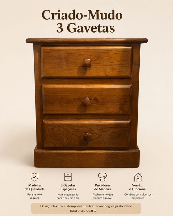 2 criados-mudos usados em madeira –  3 gavetas