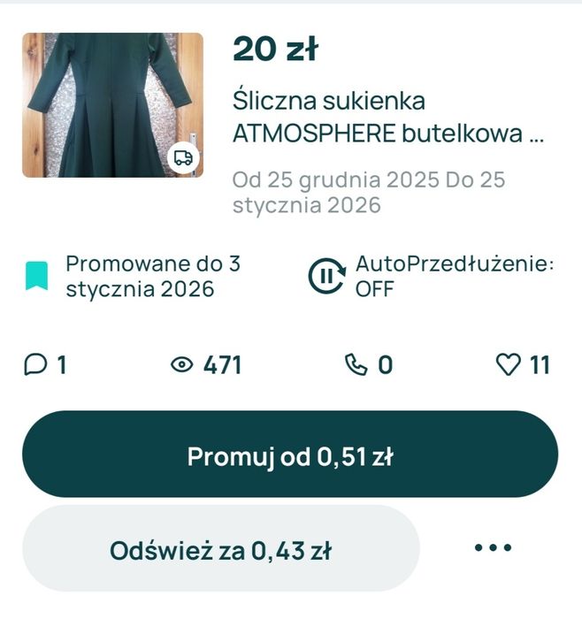 Sukienka ATMOSPHERE na walentynki  butelkowa zieleń rozm. S