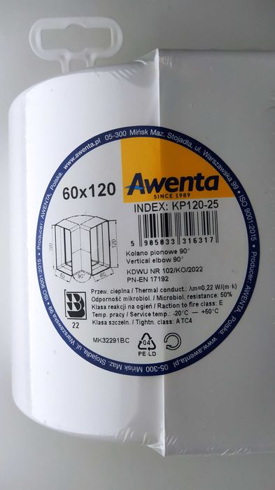 Kolano pionowe 120X60 90 Aventa nie używane nowe Kanał wentylacyjny