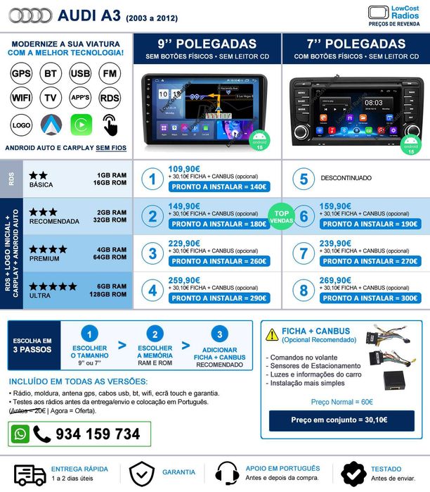 (NOVO) Rádio GPS AUDI A3 (2003 a 2012) | 7 ou 9" | ANDROID 15 • USB, DVD, BT, WIFI | CARPLAY • ANDROID AUTO