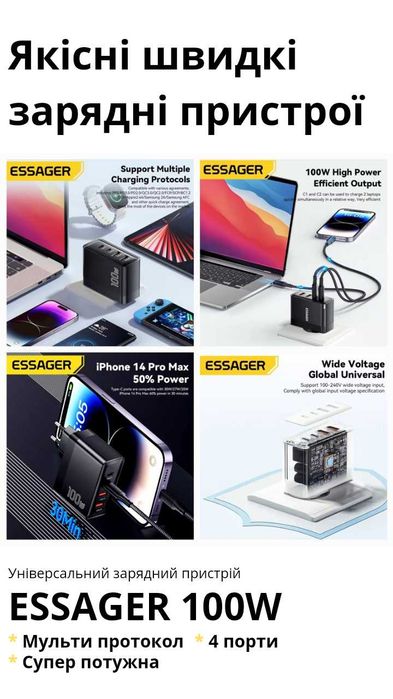 Швидка зарядка для Макбуків та Телефонів, Essager 100W, Самсунг Айфон
