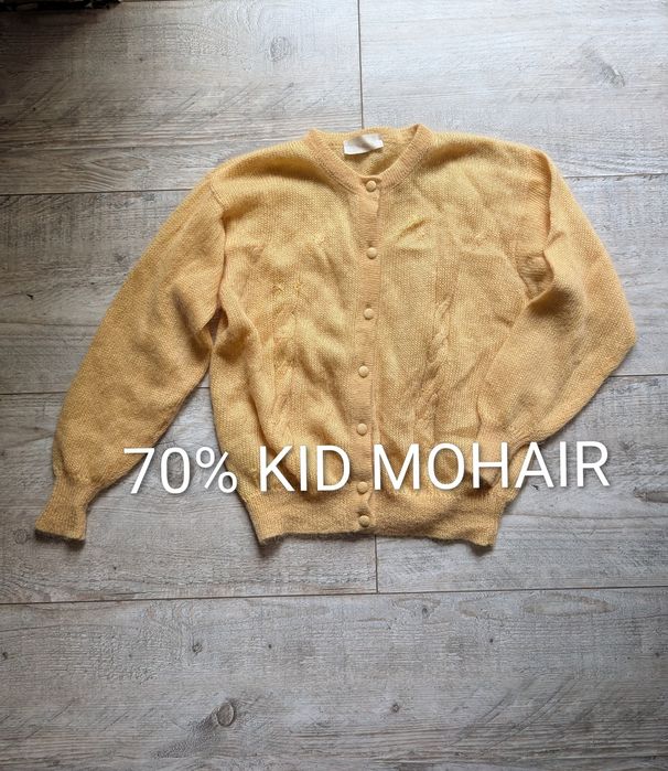 Sweter kardigan zapinany na guziczki - retro vintage z szafy mojej babci, 70% super kid moher, kolor żółty/maselkowy m