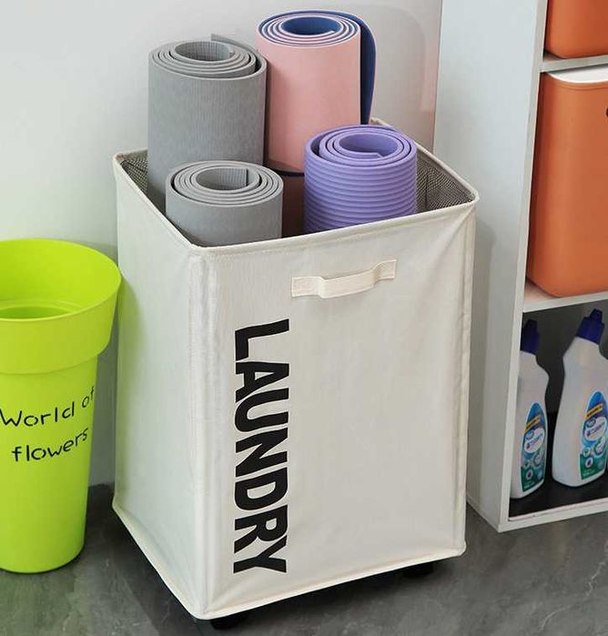 Kosz na Pranie Zabawki Mata do ćwiczeń na Kółkach Składany 83L Beżowy