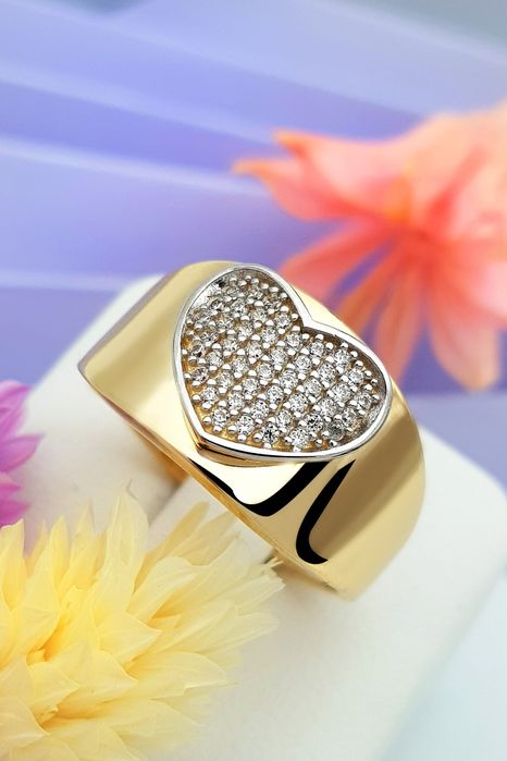 Złoty pierścionek. Nowy. Serce. Cyrkonie. Obrączka szeroka