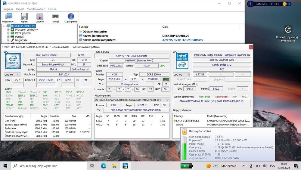 Acer Aspire V5-471P 14" DOTYK/ Intel Core i3-2375M/4 GB RAM/SSD240GB/Intel Graphics