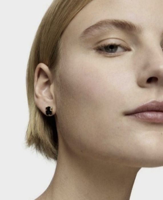 Kolczyki z misiem 10 mm żółte srebro vermeil 925 z onyksem