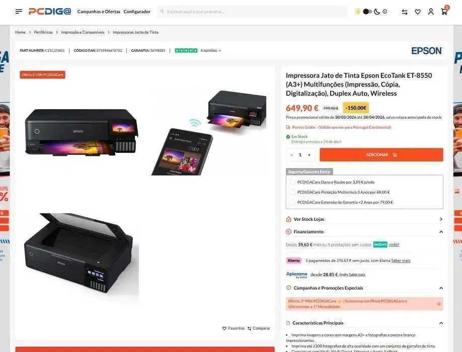 Impressora Jato de Tinta Epson EcoTank ET-8550 (A3+) Multifunções