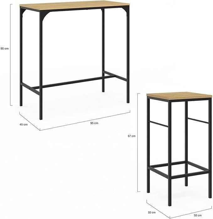 IDMarket (Detroit) - Mesa Alta de Bar 45x95x95 cm + 4 Bancos 32x32x67