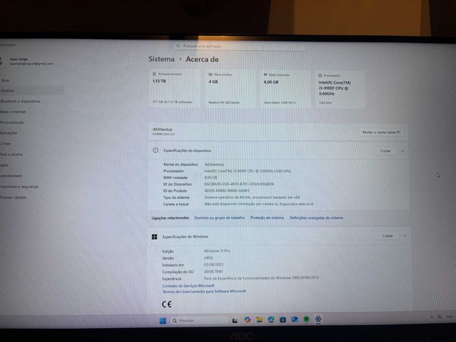 PC Gaming i3-9100F + RX 580 4GB + 8GB RAM + SSD 240GB + HDD 1TB