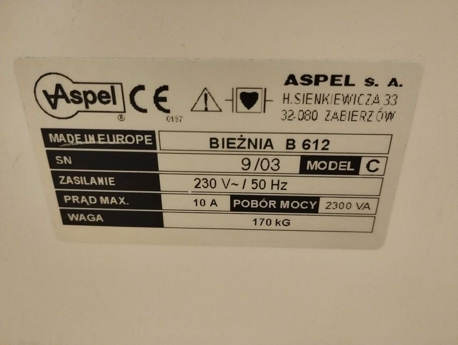 Bieżnia Aspel B612 (model C z wbudowanym modułem EKG)