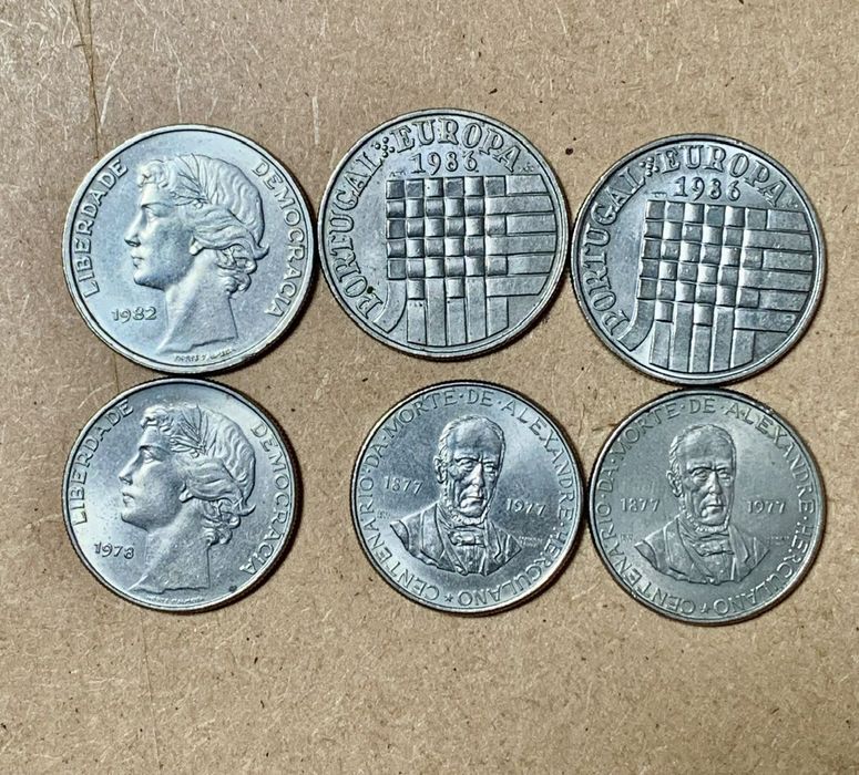 6 Moedas 25 escudos de 1977, 1978, 1982 e 1986